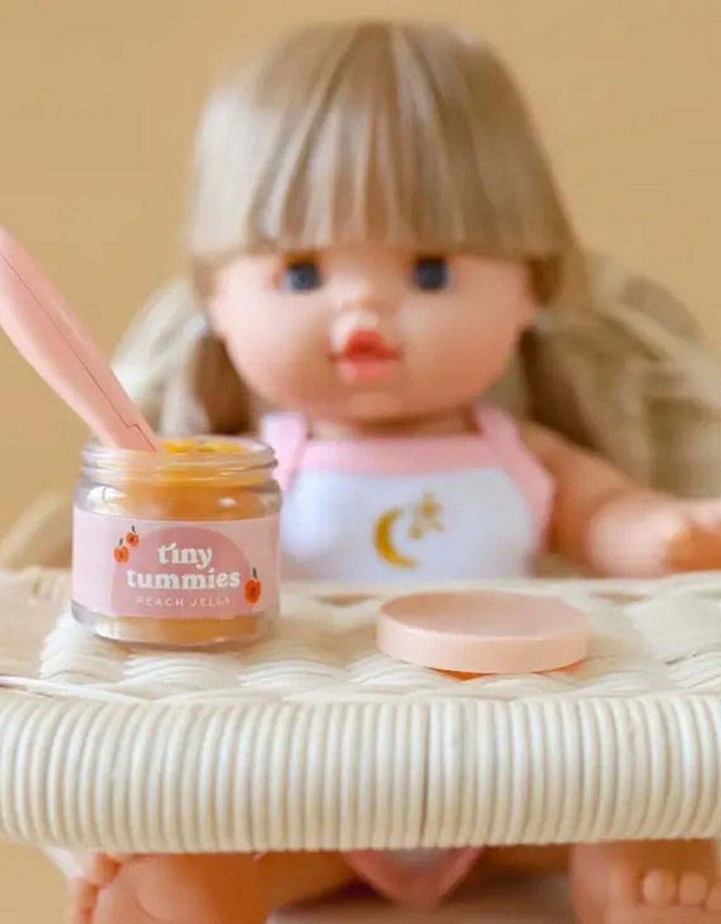 Tiny Tummies Peach Jelly Jar & Magic Spoon (front view) — Little Mamas Nursery