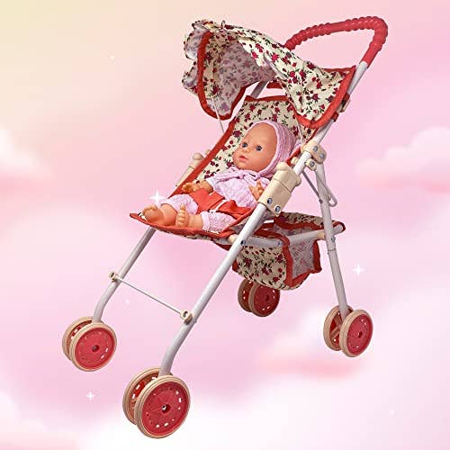 NYDC Folding Floral Doll Umbrella Stroller (front view) — Little Mamas Nursery