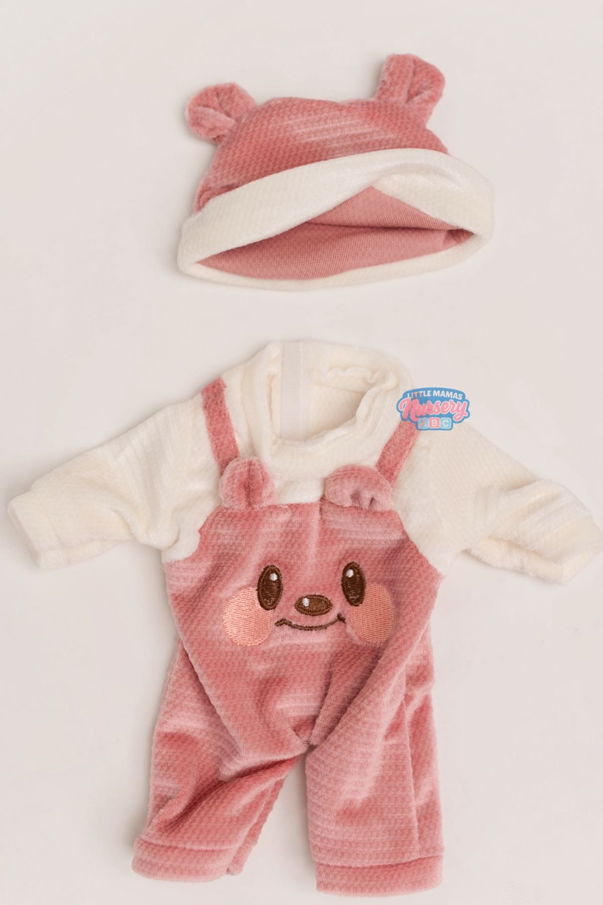 Velvet Overall & Hat Set for 10–13" Dolls (front view) — Little Mamas Nursery