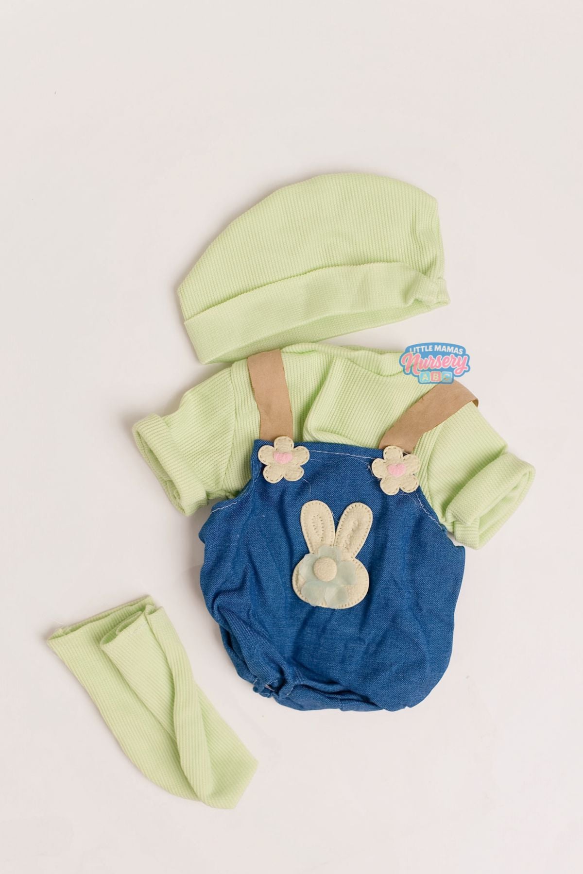 Green Overall Jumper Set with Hat & Booties for 16–20" Dolls — Little Mamas Nursery