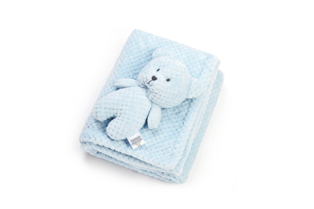 Blue Baby Blanket with Bear Plush Toy (front view) — Little Mamas Nursery
