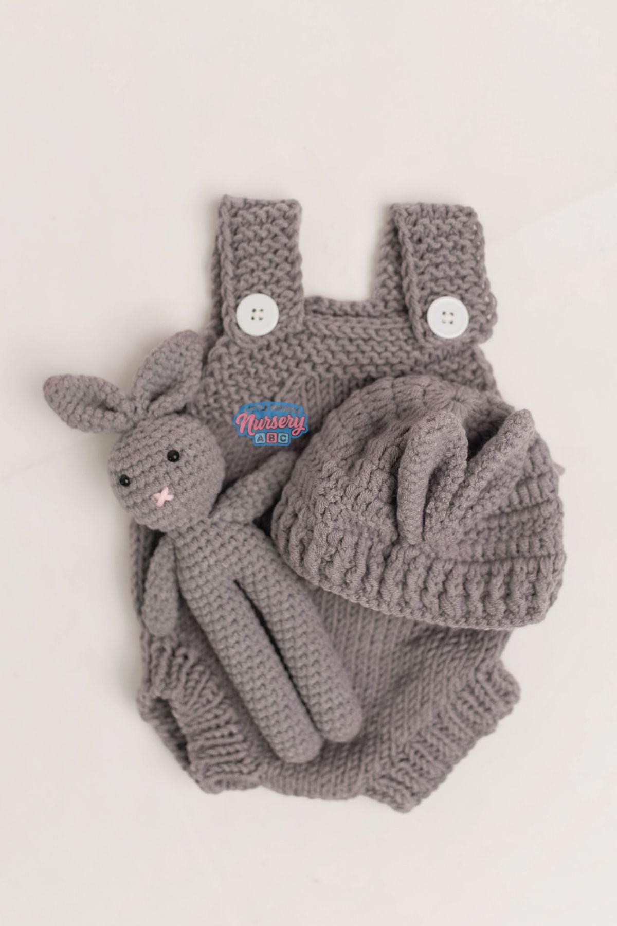 Crochet Jumper Set with Hat & Bunny Toy (side view) — Little Mamas Nursery