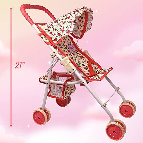 NYDC Folding Floral Doll Umbrella Stroller (close-up) — Little Mamas Nursery