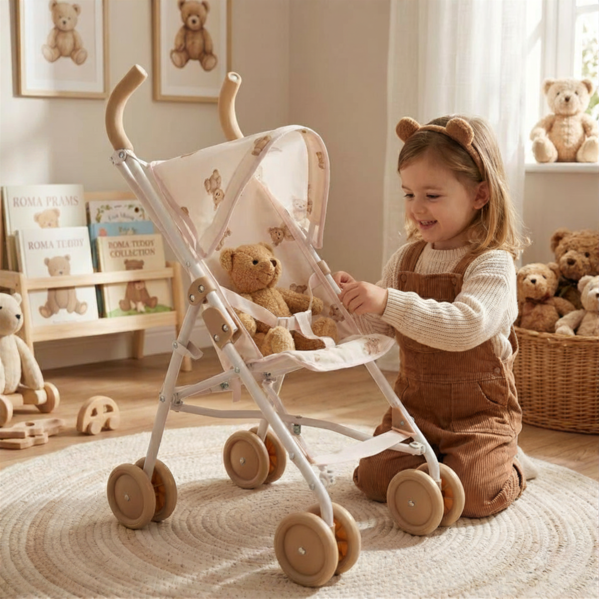 Roma XL Umbrella Doll Buggy - Teddy Bear Collection (front view) — Little Mamas Nursery
