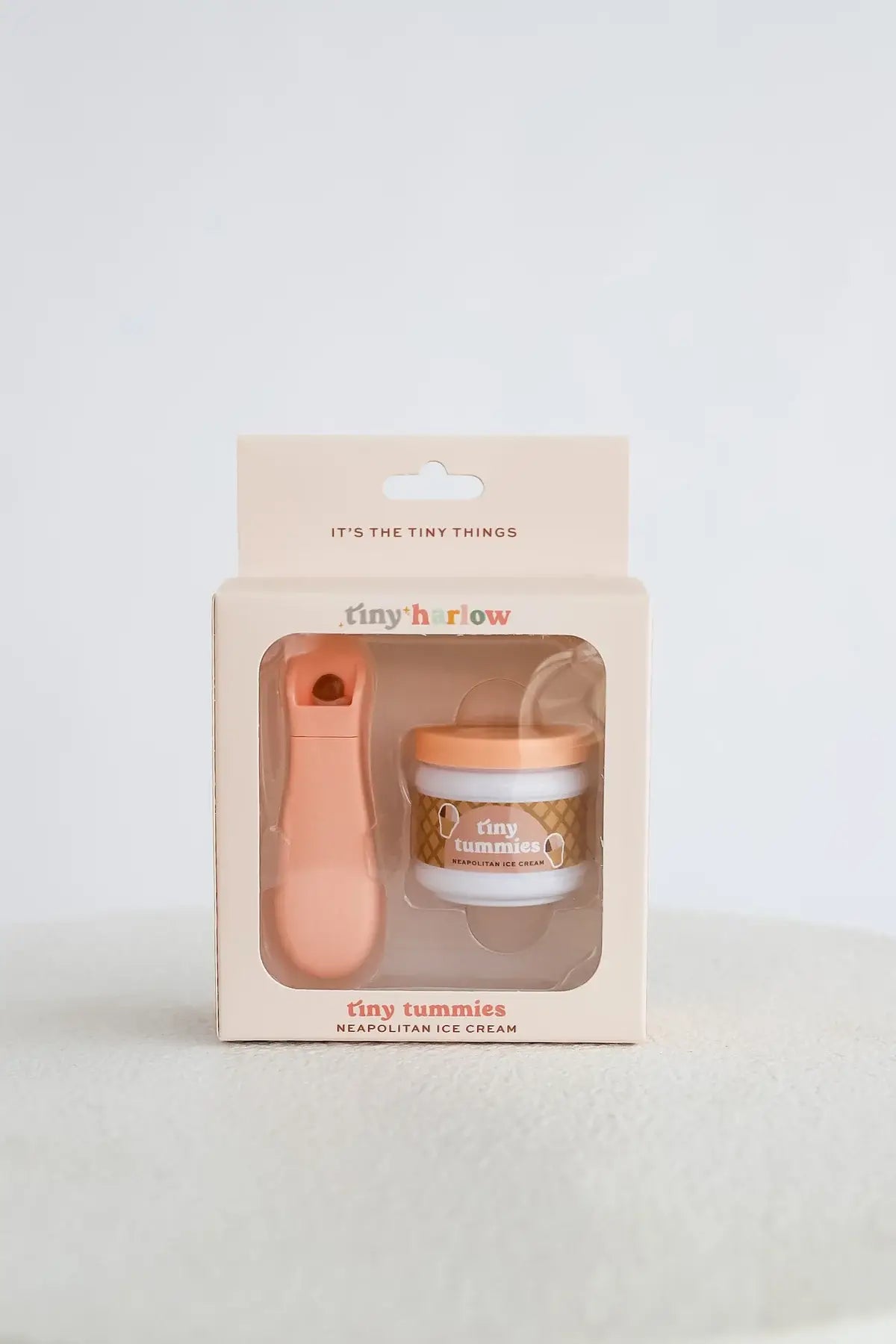 Tiny Tummies Neapolitan Ice Cream Jar & Magic Spoon (close-up) — Little Mamas Nursery
