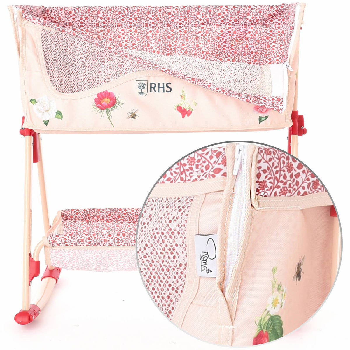 Roma RHS Doll Bedside Crib - Flora Collection (side view) — Little Mamas Nursery
