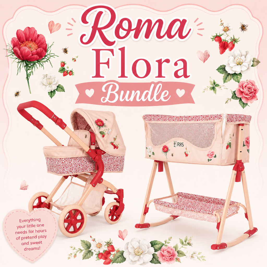 Roma Flora Bundle – Single Doll Pram & Bedside Crib Set — Little Mamas Nursery