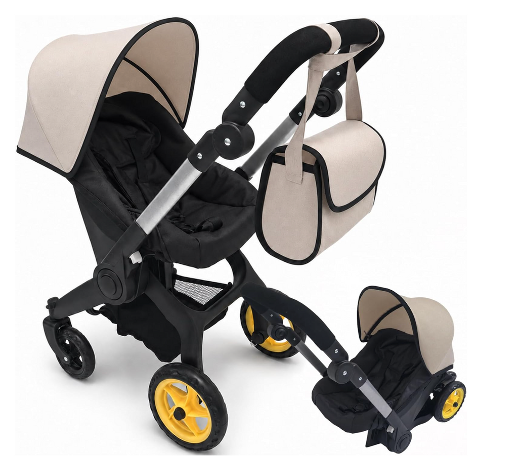 NYDC 2-in-1 Convertible Doll Car Seat & Stroller Combo - Cream Design | Reborn & Silicone Doll Pram