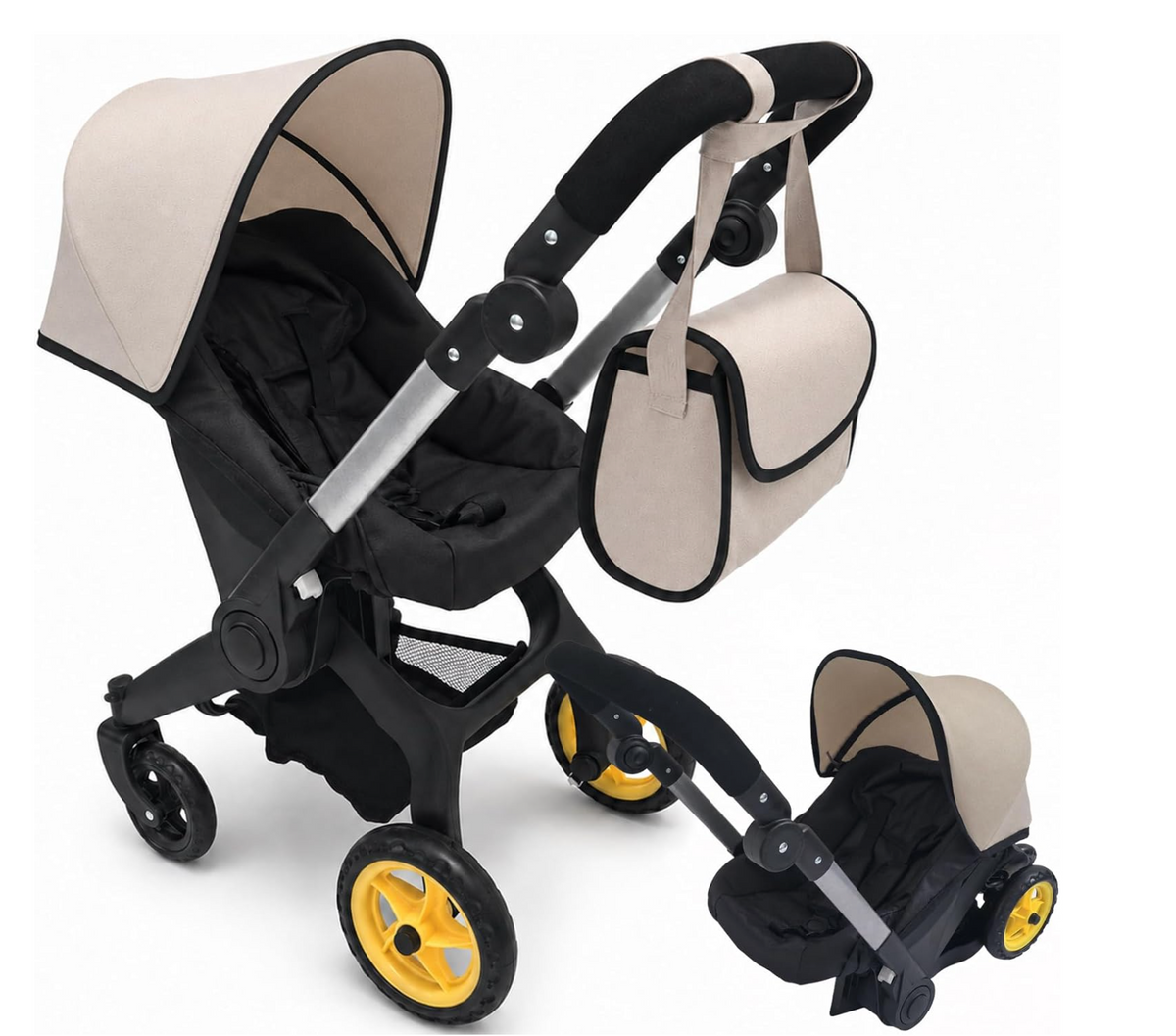 NYDC 2-in-1 Convertible Doll Car Seat & Stroller Combo - Cream Design | Reborn & Silicone Doll Pram