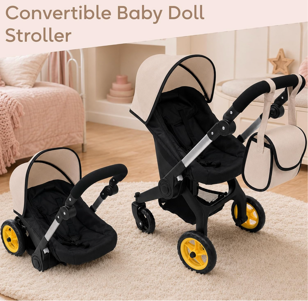 NYDC 2-in-1 Convertible Doll Car Seat & Stroller Combo - Cream Design | Reborn & Silicone Doll Pram