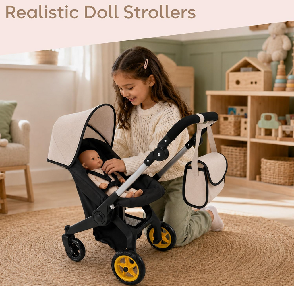 NYDC 2-in-1 Convertible Doll Car Seat & Stroller Combo - Cream Design | Reborn & Silicone Doll Pram