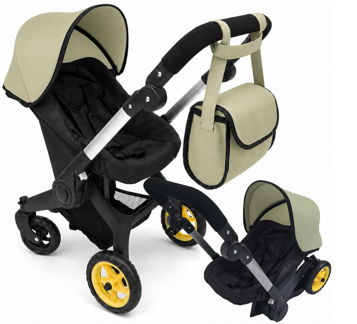 NYDC 2-in-1 Convertible Doll Car Seat & Stroller Combo - Olive Green Design | Reborn & Silicone Doll Pram
