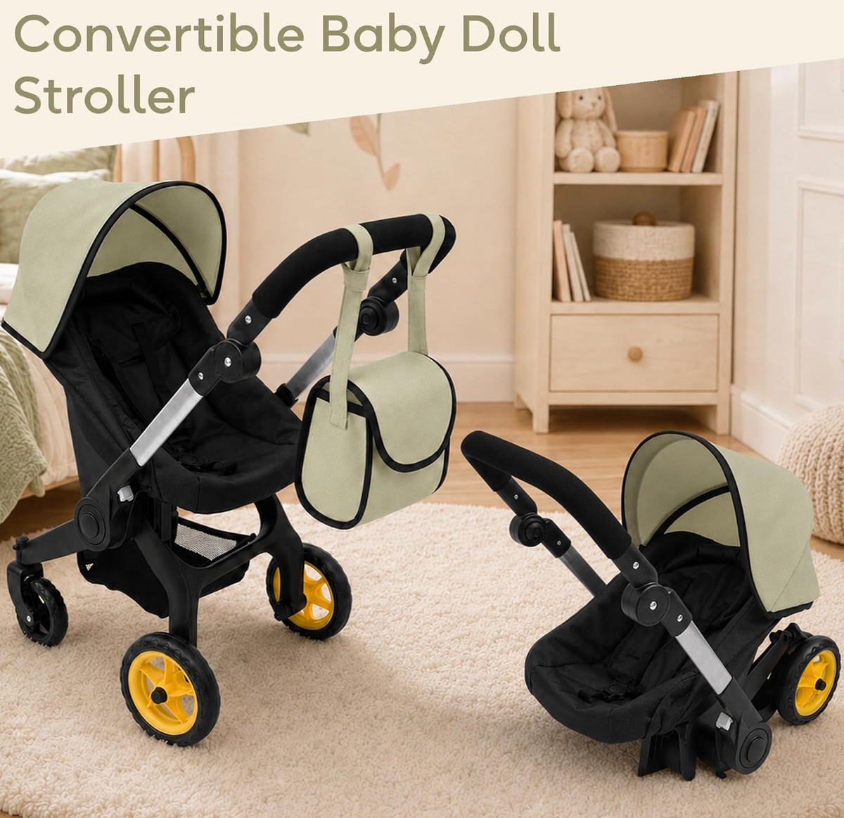 NYDC 2-in-1 Convertible Doll Car Seat & Stroller Combo - Olive Green Design | Reborn & Silicone Doll Pram