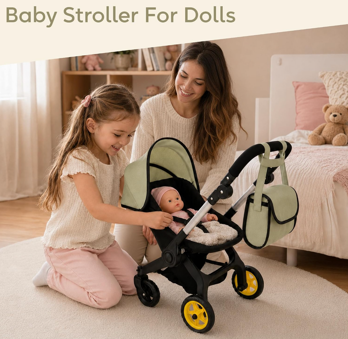 NYDC 2-in-1 Convertible Doll Car Seat & Stroller Combo - Olive Green Design | Reborn & Silicone Doll Pram
