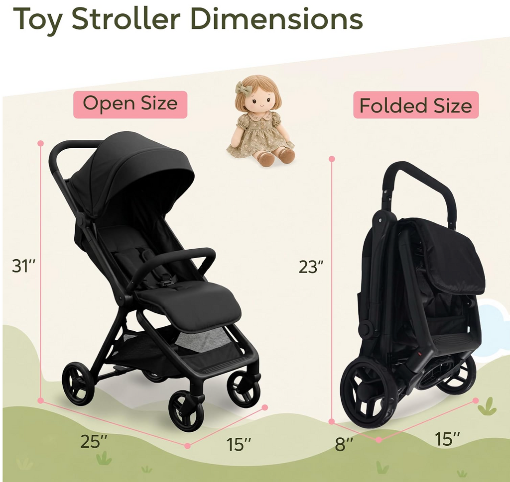 NYDC Compact Folding Doll Stroller - Black Design | Reborn & Silicone Doll Pram