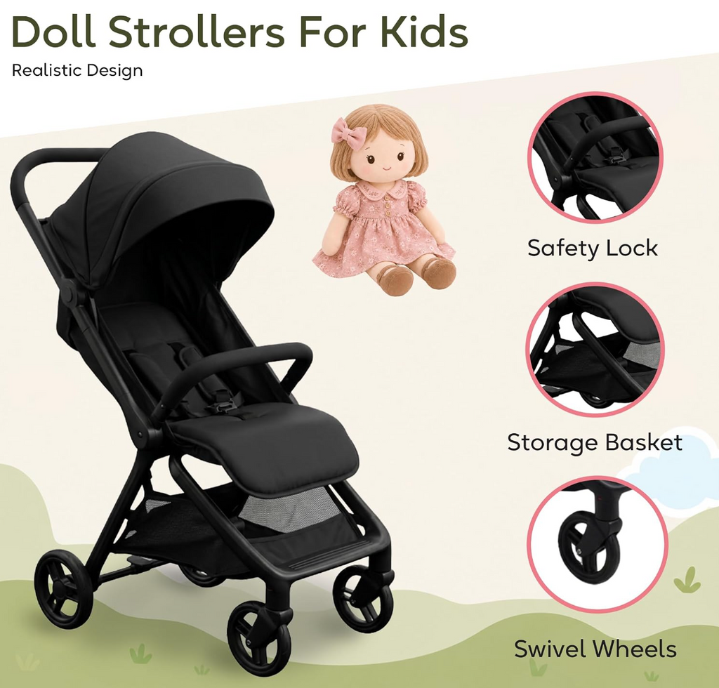 NYDC Compact Folding Doll Stroller - Black Design | Reborn & Silicone Doll Pram