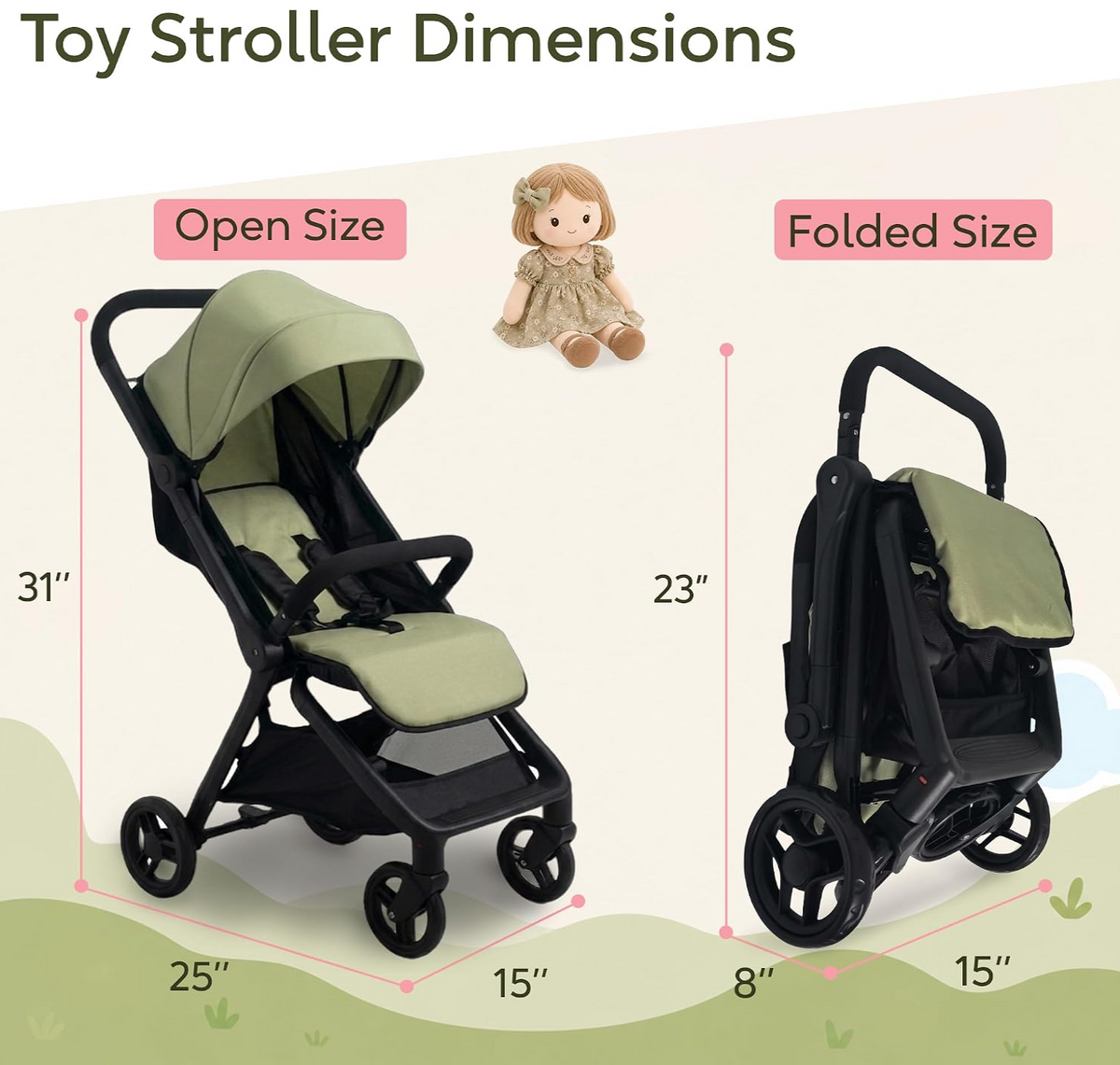 NYDC Compact Folding Doll Stroller - Olive Green Design | Reborn & Silicone Doll Pram