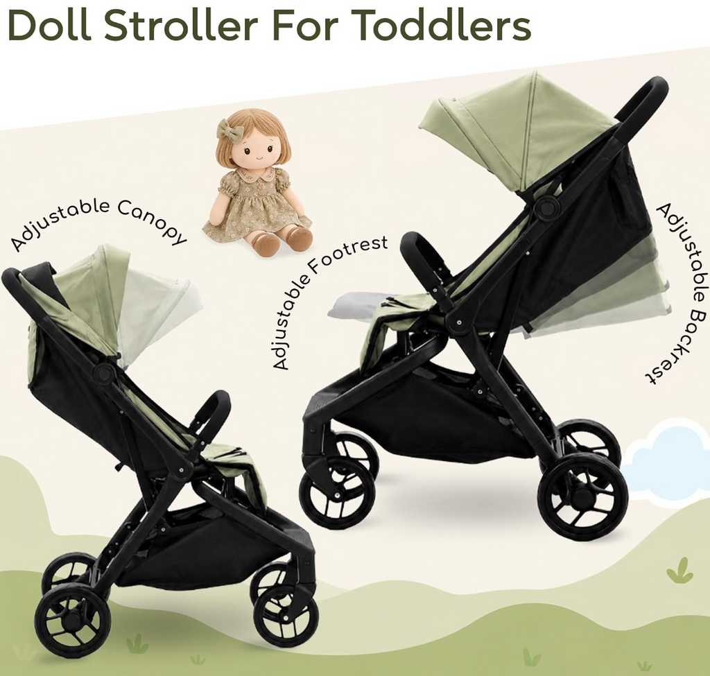 NYDC Compact Folding Doll Stroller - Olive Green Design | Reborn & Silicone Doll Pram