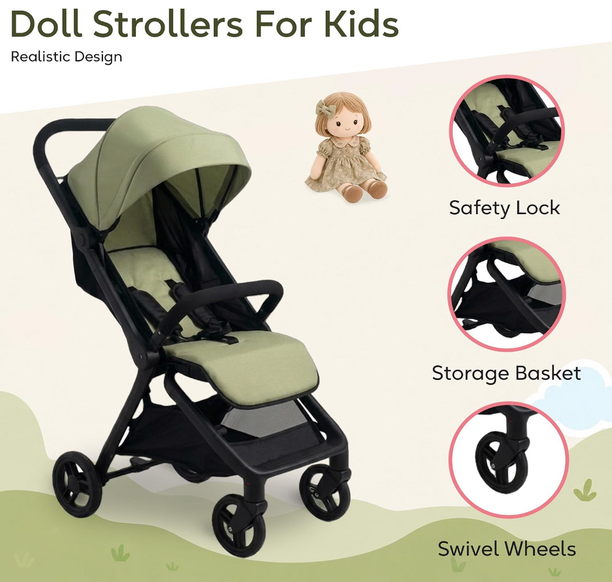 NYDC Compact Folding Doll Stroller - Olive Green Design | Reborn & Silicone Doll Pram