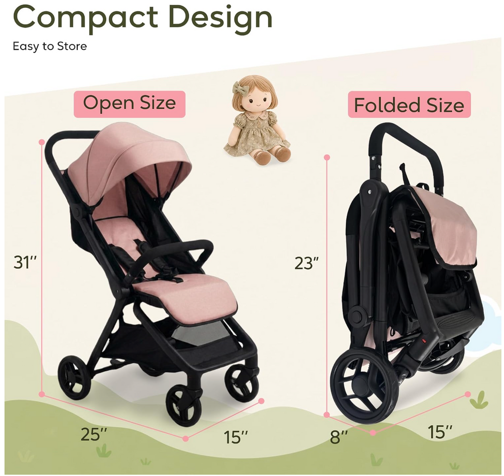 NYDC Compact Folding Doll Stroller - Pink Design | Reborn & Silicone Doll Pram