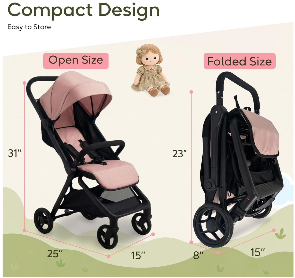 NYDC Compact Folding Doll Stroller - Pink Design | Reborn & Silicone Doll Pram