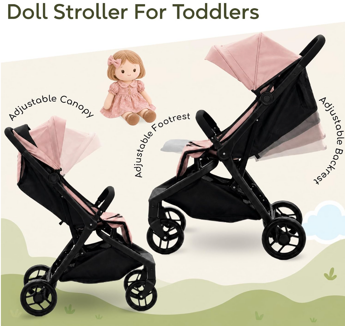 NYDC Compact Folding Doll Stroller - Pink Design | Reborn & Silicone Doll Pram