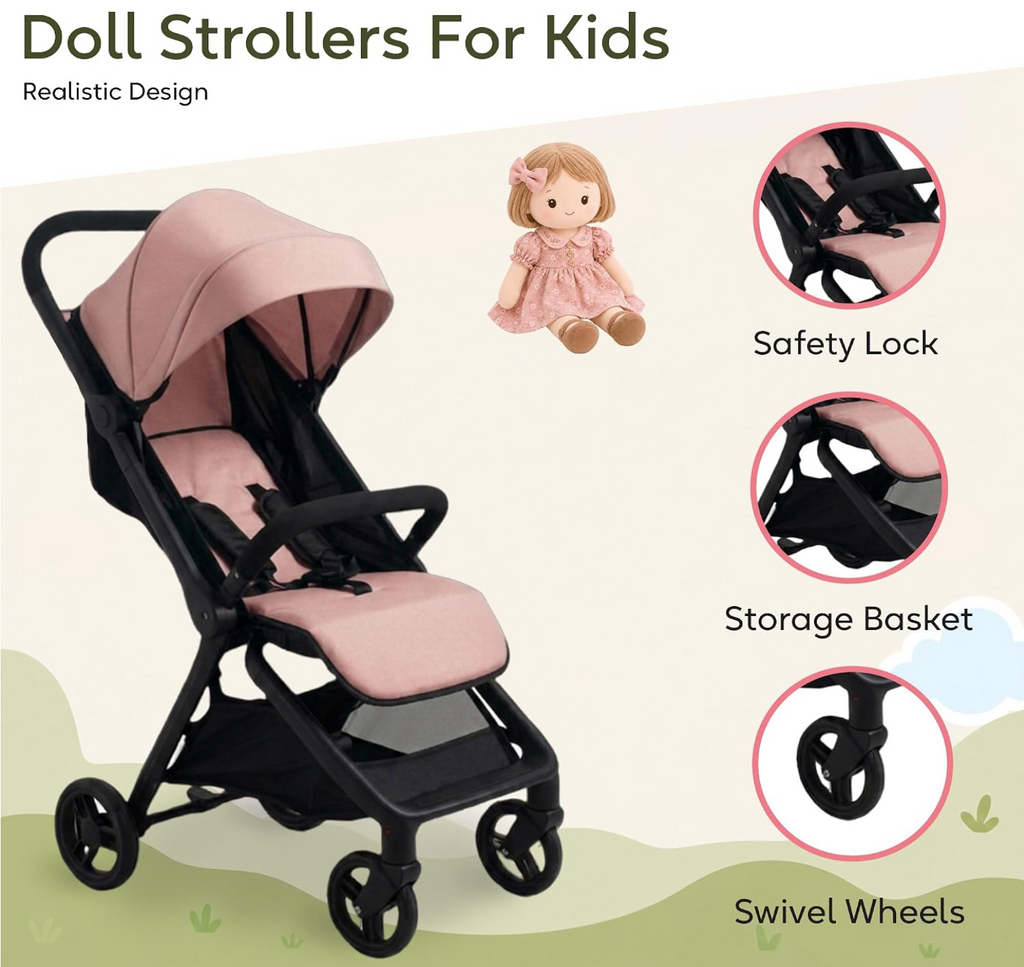 NYDC Compact Folding Doll Stroller - Pink Design | Reborn & Silicone Doll Pram