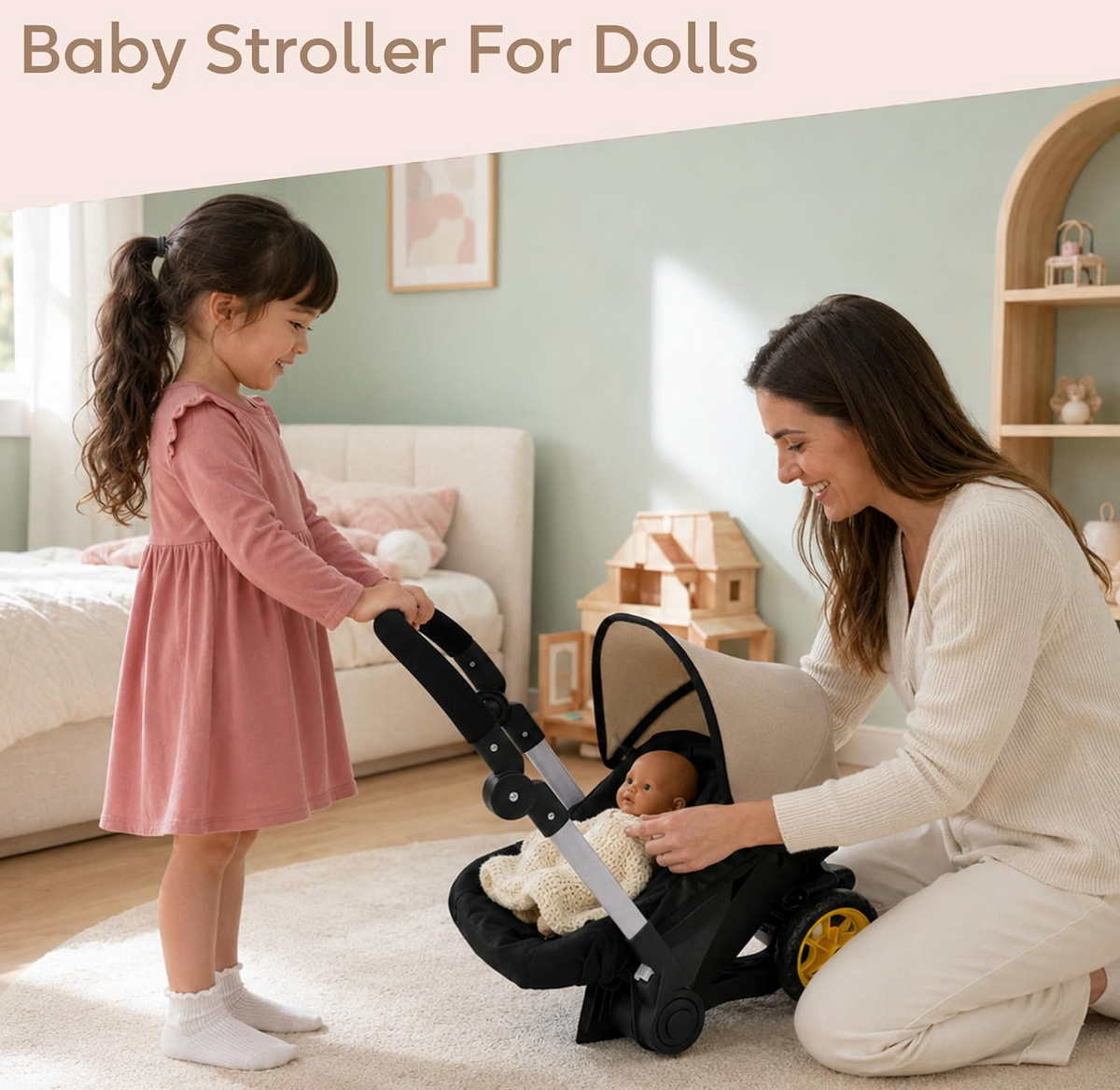 NYDC 2-in-1 Convertible Doll Car Seat & Stroller Combo - Cream Design | Reborn & Silicone Doll Pram