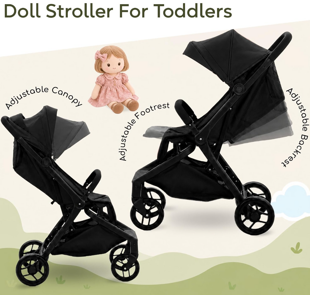 NYDC Compact Folding Doll Stroller - Black Design | Reborn & Silicone Doll Pram