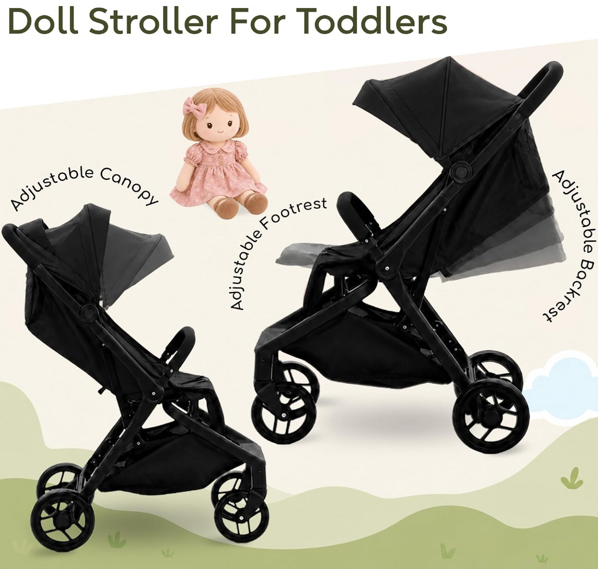 NYDC Compact Folding Doll Stroller - Black Design | Reborn & Silicone Doll Pram