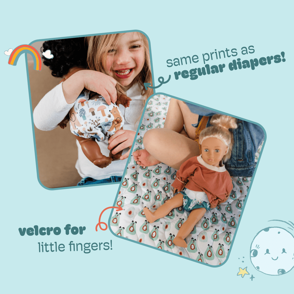Reusable Doll Diaper Set with Mini Baby Wipes (front view) — Little Mamas Nursery