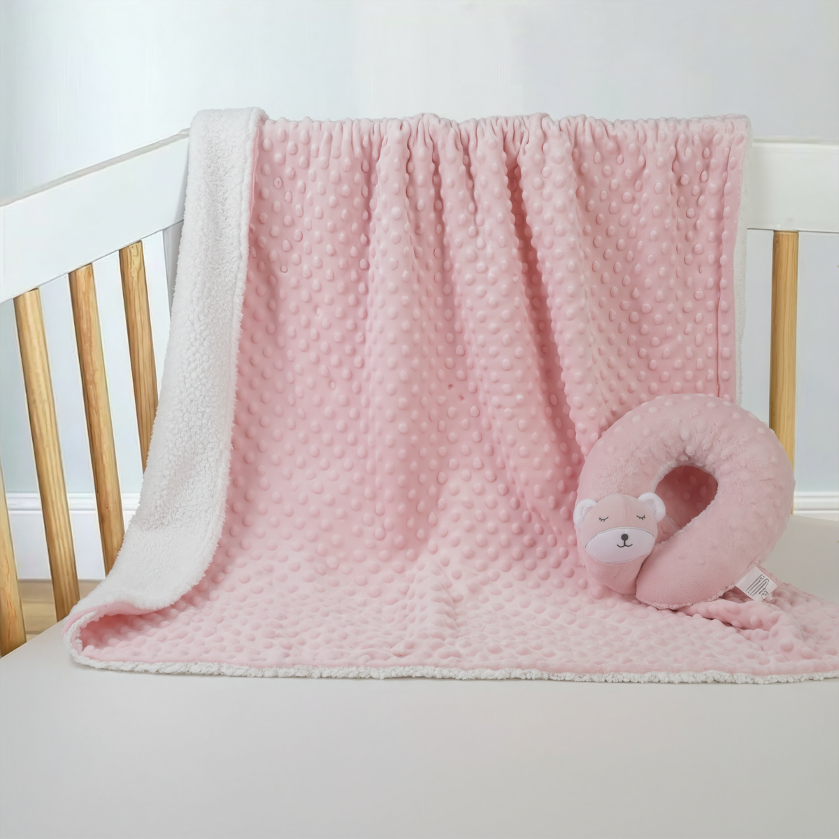 Blue Sleepy Bear Baby Blanket & Neck Pillow Set (side view) — Little Mamas Nursery