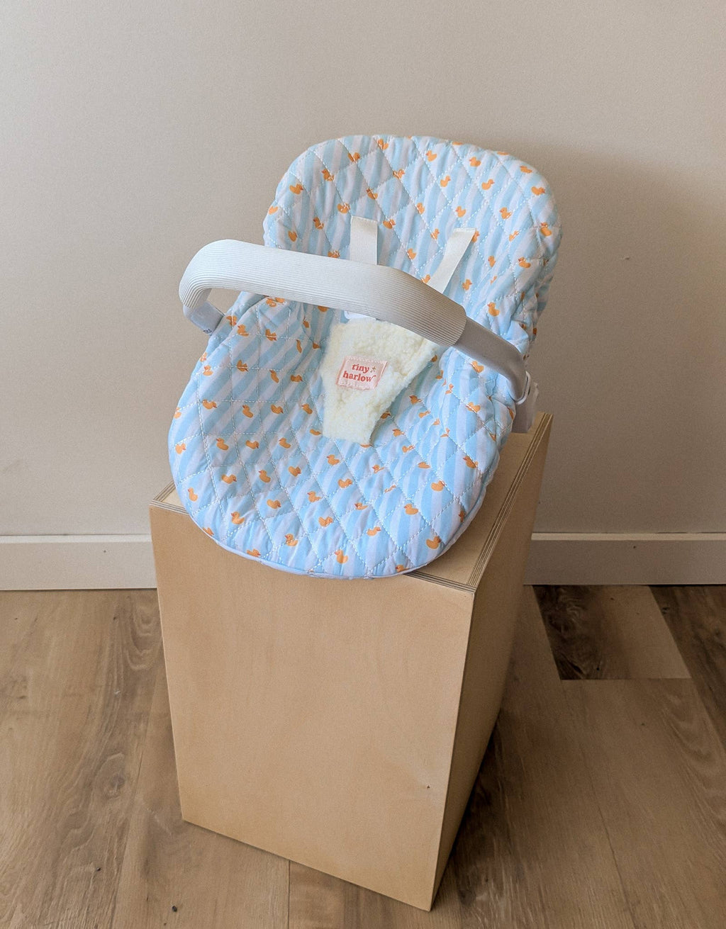 Tiny Harlow Doll Car Seat Capsule - Blue Ducky (front view) — Little Mamas Nursery