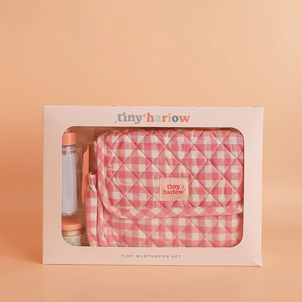 Tiny Harlow Tiny Nurturers Doll Care Gift Set - Pink Gingham (front view) — Little Mamas Nursery